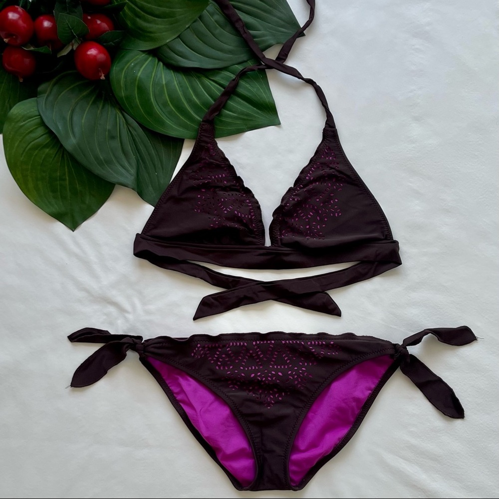 Mossimo Brown & Purple String Bikini w/Perforated Cutout Design & Ruffle Edge L